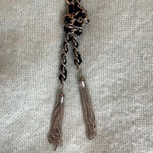 Guess Long Pendant Black Silver Knot Tassel Necklace Edgy Jewelry Metal Fabric